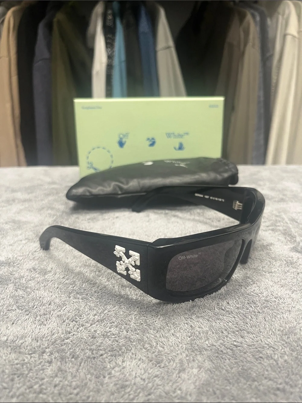 Off-White Black Rectangular Sunglasses with Black Soft Pouch and Original Box